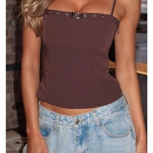 Brown Studded White Fox Top with Buckle